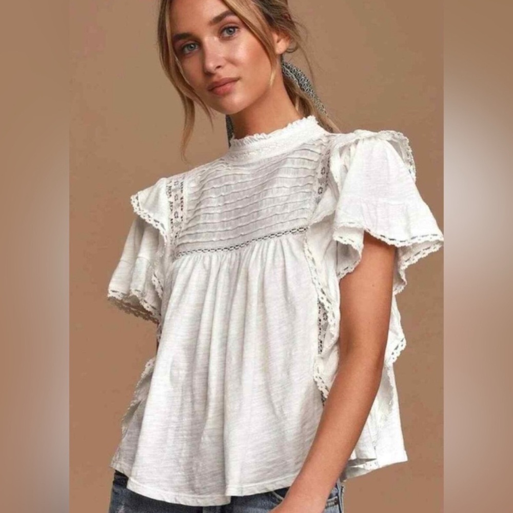 Free People Le Femme Lace Embroidered Ruffle Top